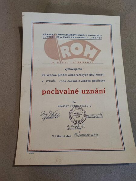 Pochvalné uznání, ROH, 1949